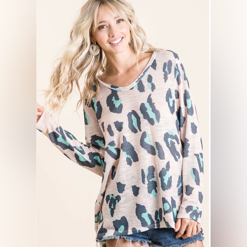 9. BRAND NEW BiBi Casual Taupe Animal Print Long Sleeve Top with Teal Accents